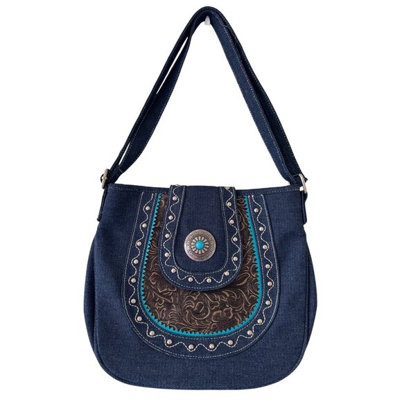 Canyon Sky Womens Denim Crossbody Bag With Turquoise Embellishment - Picture 1 of 12